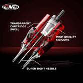 An image showcasing a tattoo cartridge with a transparent cartridge shell and a high quality silicone tip, with the needle appearing super tight.